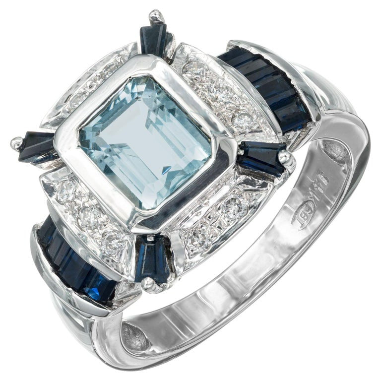 1.00 Carat Aqua Sapphire Diamond White Gold Ring