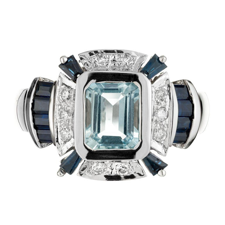 1.00 Carat Aqua Sapphire Diamond White Gold Ring – image 2