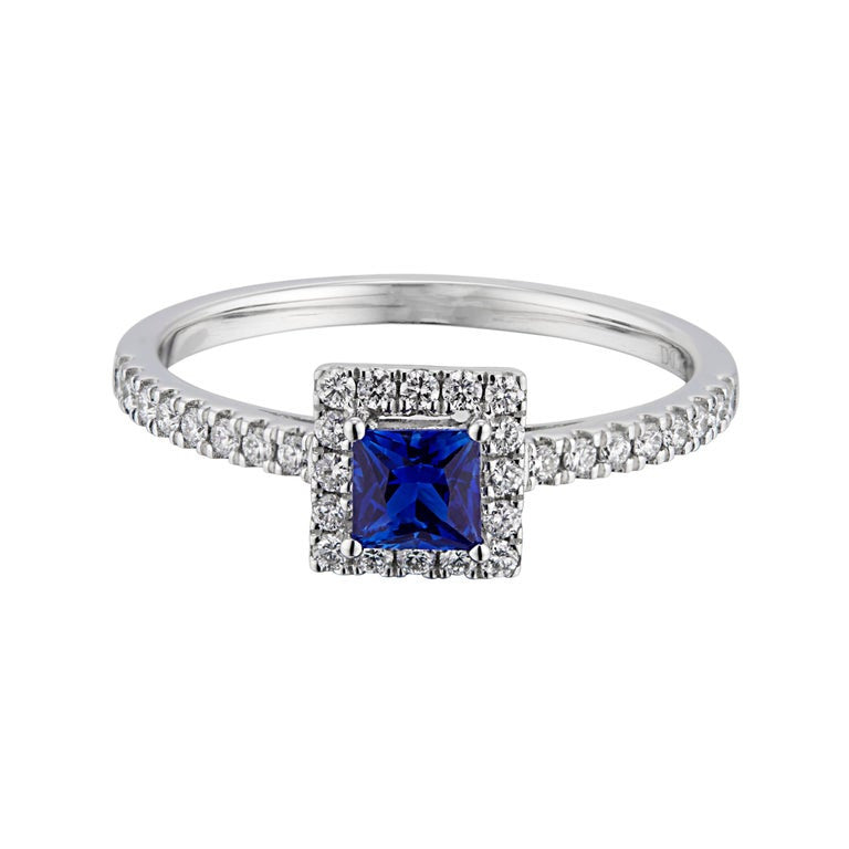 .46 Blue Square Sapphire Diamond Halo White Gold Engagement Ring – image 2