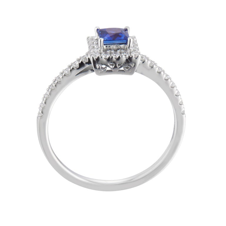 .46 Blue Square Sapphire Diamond Halo White Gold Engagement Ring – image 5