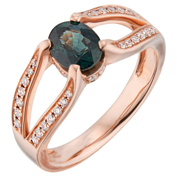 1.23 Carat Blue Green Sapphire Diamond Rose Gold Engagement Ring