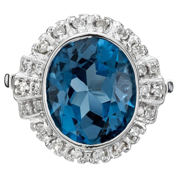 4.20 Carat Blue Topaz Diamond Halo White Gold Ring