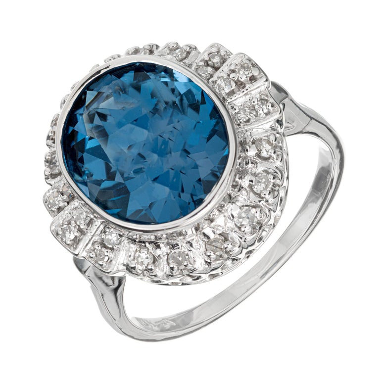 4.20 Carat Blue Topaz Diamond Halo White Gold Ring – image 2