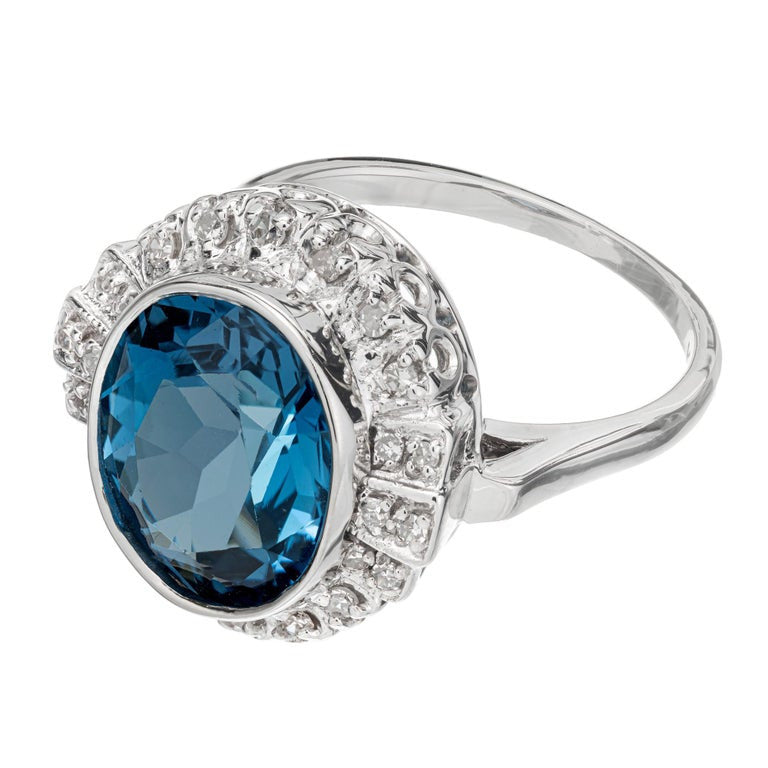 4.20 Carat Blue Topaz Diamond Halo White Gold Ring – image 3