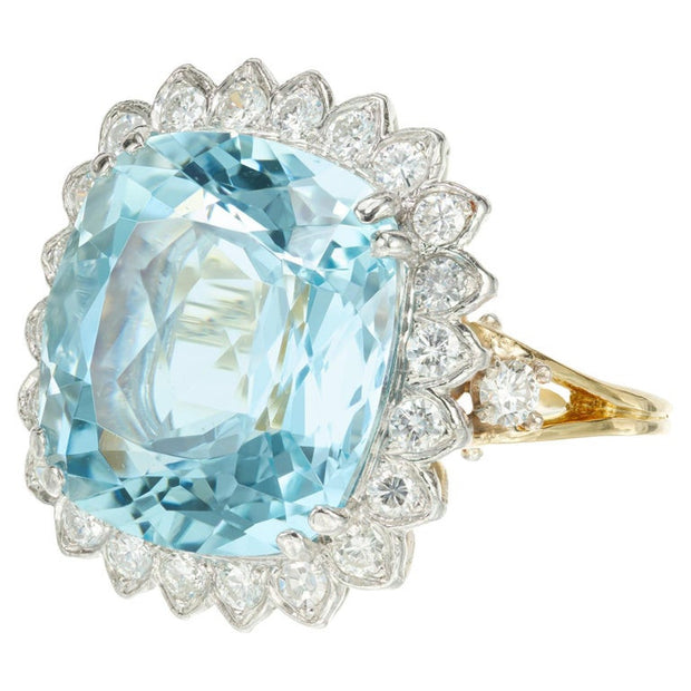 10.00 Carat Aquamarine Diamond Halo Two-Tone Gold Cocktail Ring