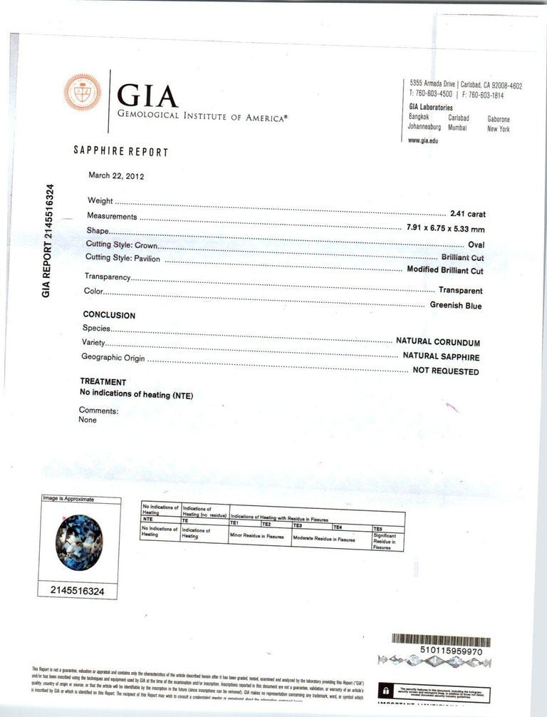 GIA 2.41 Carat Green Blue Oval Sapphire Diamond Platinum Engagement Ring – image 3