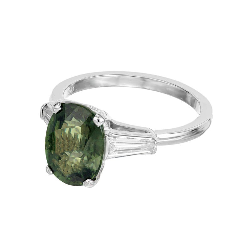 GIA Certified 3.80 Carat Natural Green Sapphire Diamond Platinum Engagement Ring – image 3