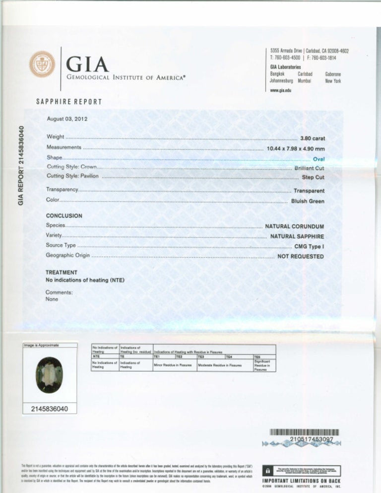 GIA Certified 3.80 Carat Natural Green Sapphire Diamond Platinum Engagement Ring – image 2