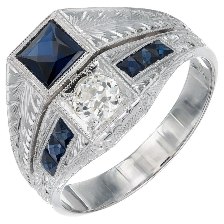 .33 Carat Old European Diamond Blue Sapphire White Gold Art Deco Men's Ring