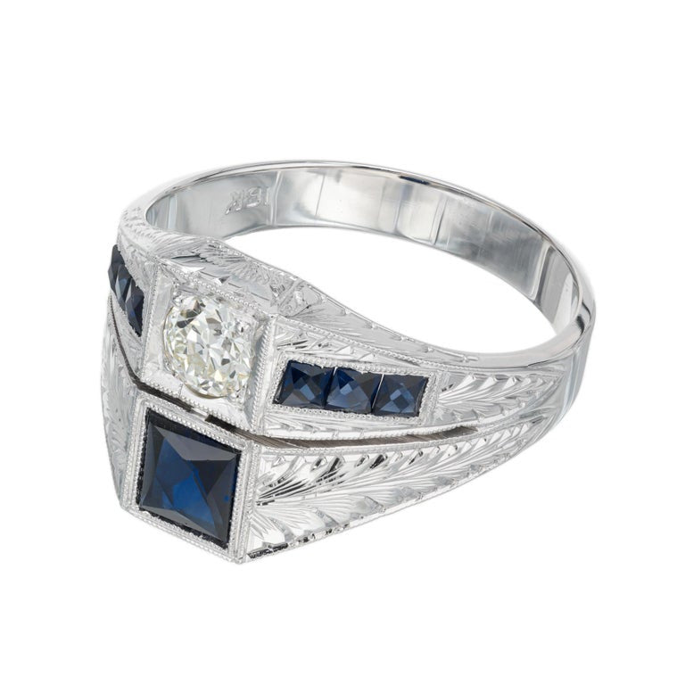 .33 Carat Old European Diamond Blue Sapphire White Gold Art Deco Men's Ring – image 2