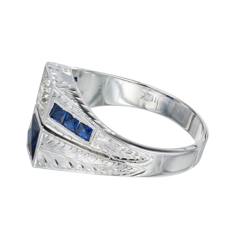 .33 Carat Old European Diamond Blue Sapphire White Gold Art Deco Men's Ring – image 3