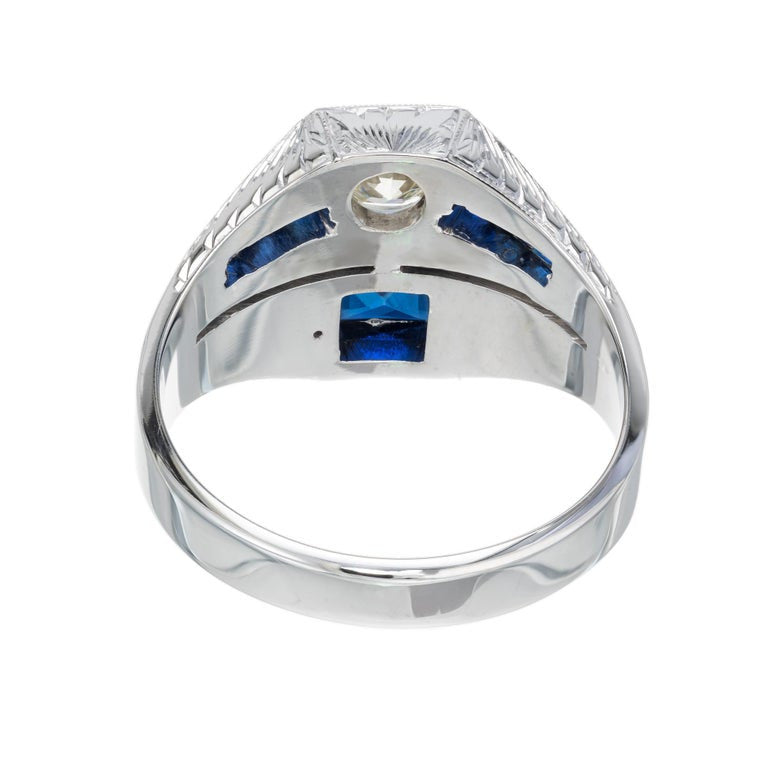 .33 Carat Old European Diamond Blue Sapphire White Gold Art Deco Men's Ring – image 4