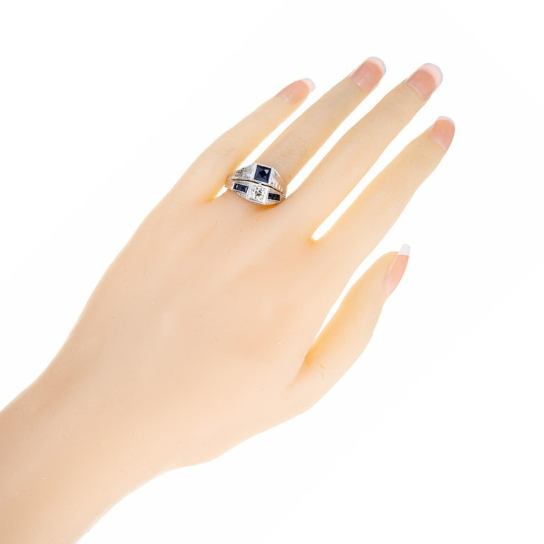 .33 Carat Old European Diamond Blue Sapphire White Gold Art Deco Men's Ring – image 6
