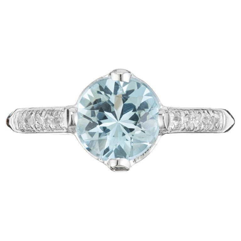 1.11 Carat Round Aquamarine Diamond Platinum Art Deco Engagement Ring
