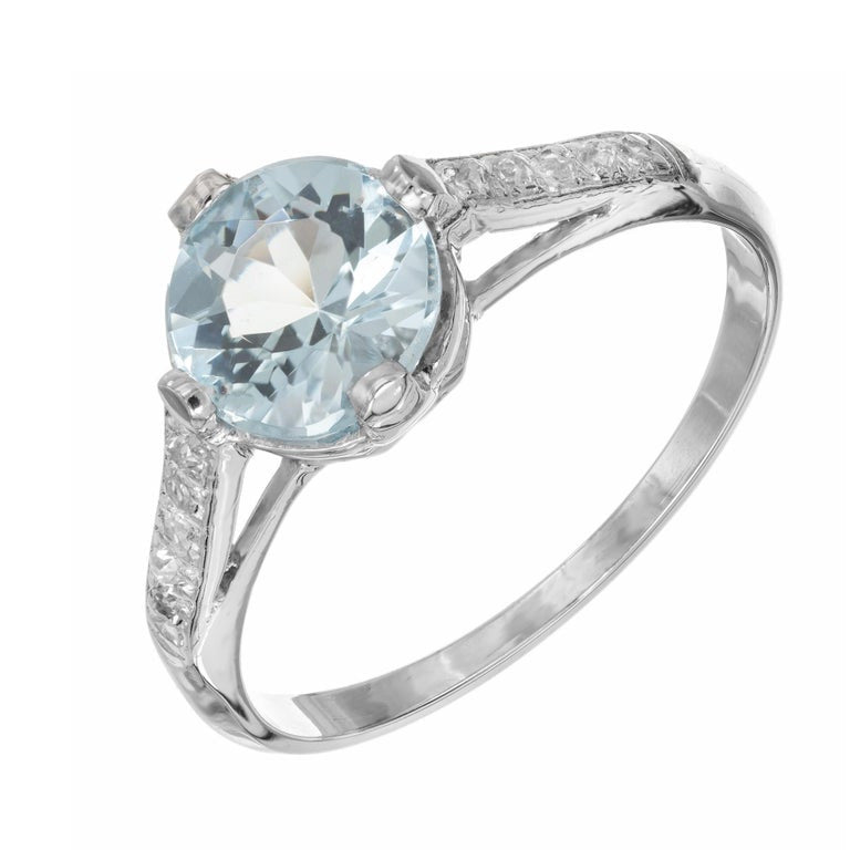 1.11 Carat Round Aquamarine Diamond Platinum Art Deco Engagement Ring – image 2