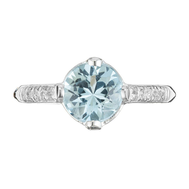 1.11 Carat Round Aquamarine Diamond Platinum Art Deco Engagement Ring – image 3
