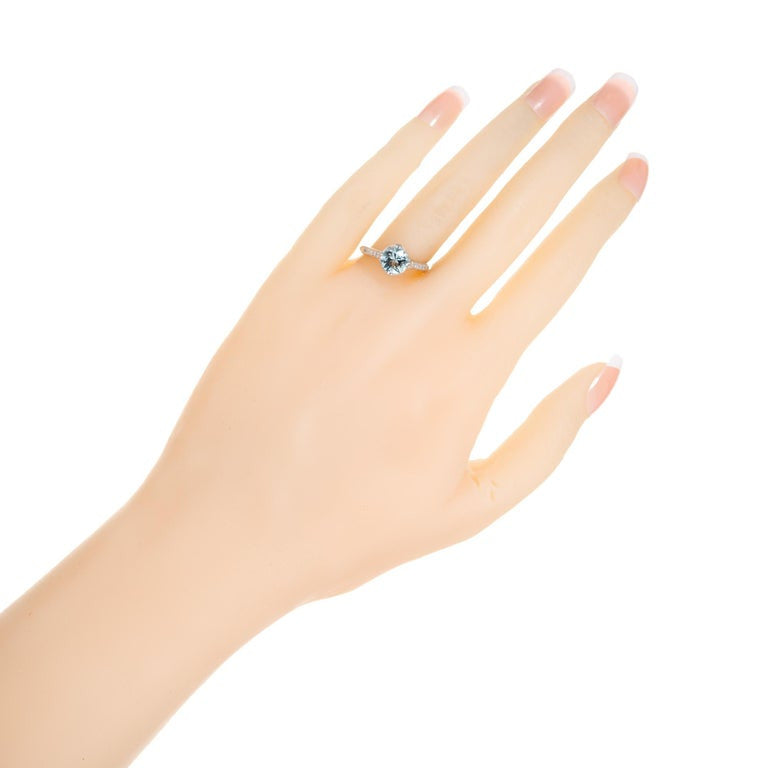 1.11 Carat Round Aquamarine Diamond Platinum Art Deco Engagement Ring – image 4