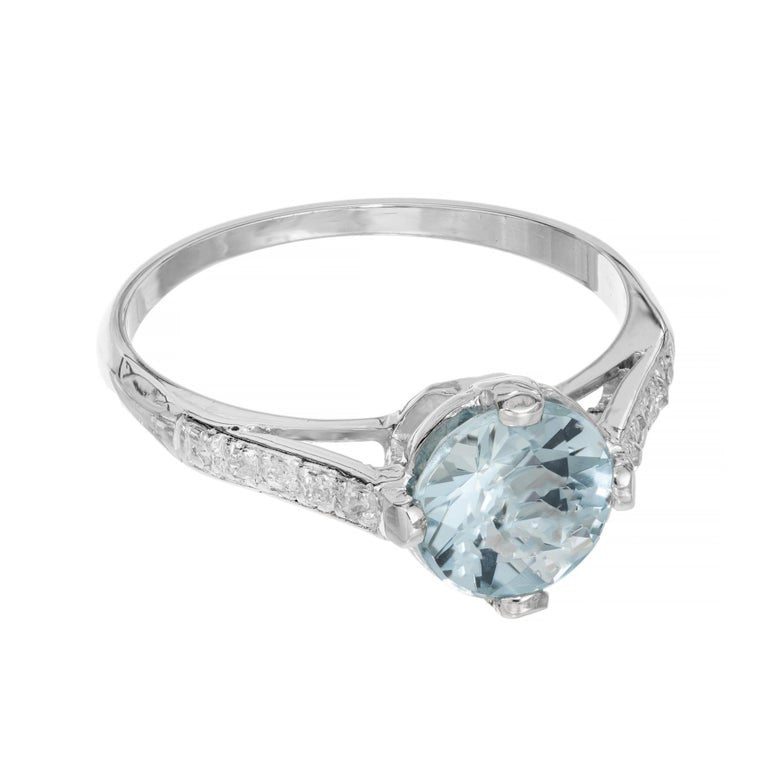 1.11 Carat Round Aquamarine Diamond Platinum Art Deco Engagement Ring – image 5