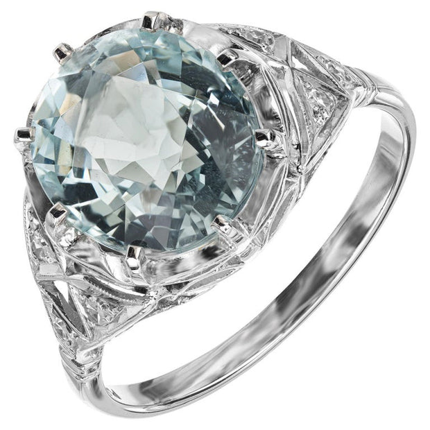 4.13 Carat Aquamarine Diamond Platinum Art Deco Ring