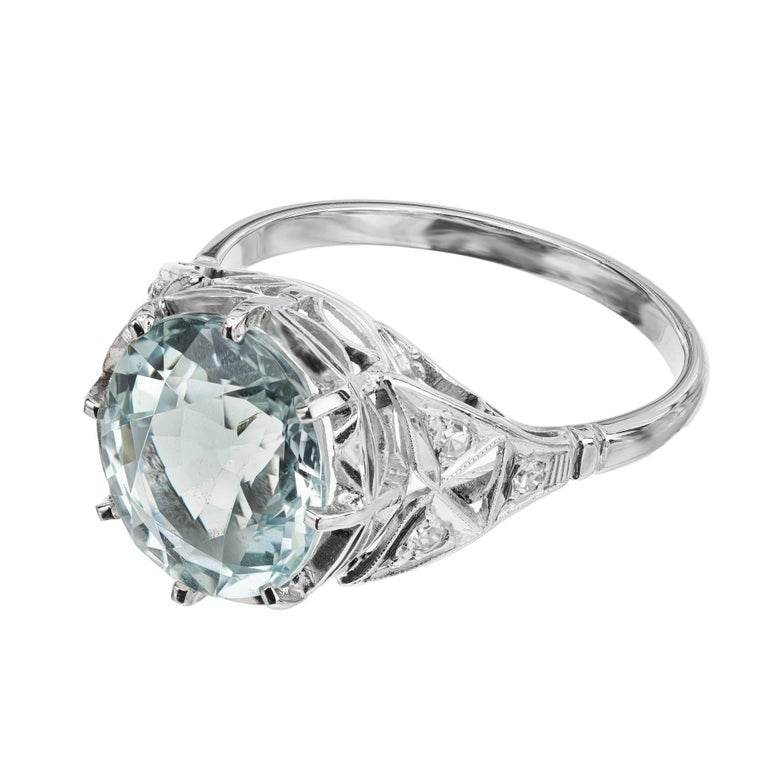 4.13 Carat Aquamarine Diamond Platinum Art Deco Ring – image 4