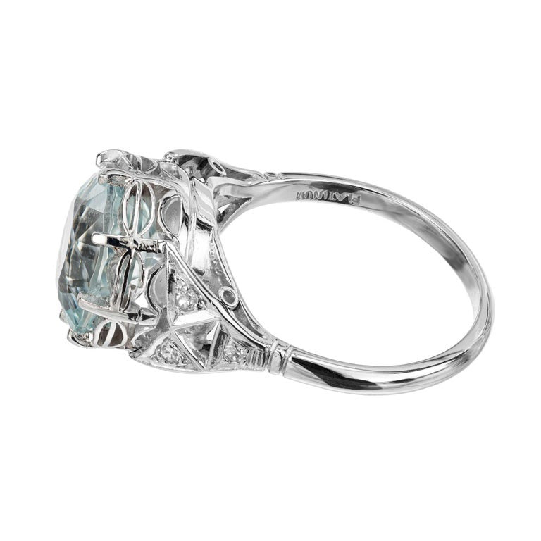 4.13 Carat Aquamarine Diamond Platinum Art Deco Ring – image 5