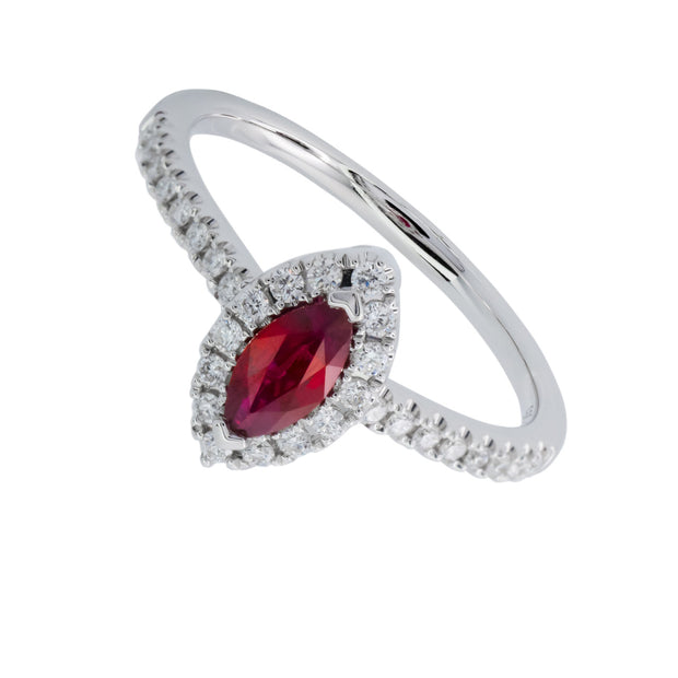 Peter Suchy .38 Carat Ruby Diamond White Gold Halo Engagement Ring