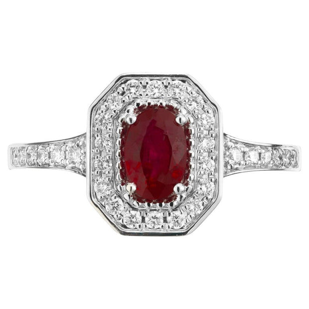 Peter Suchy .77 Carat Oval Ruby Diamond Halo White Gold Engagement Ring