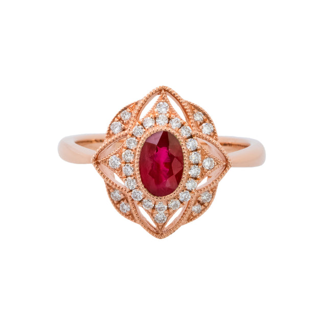 .58 Carat Ruby Diamond Halo Rose Gold Ring