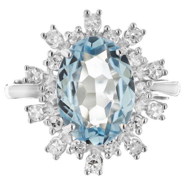1.50 Carat Oval Aquamarine Diamond Halo Gold Engagement Ring