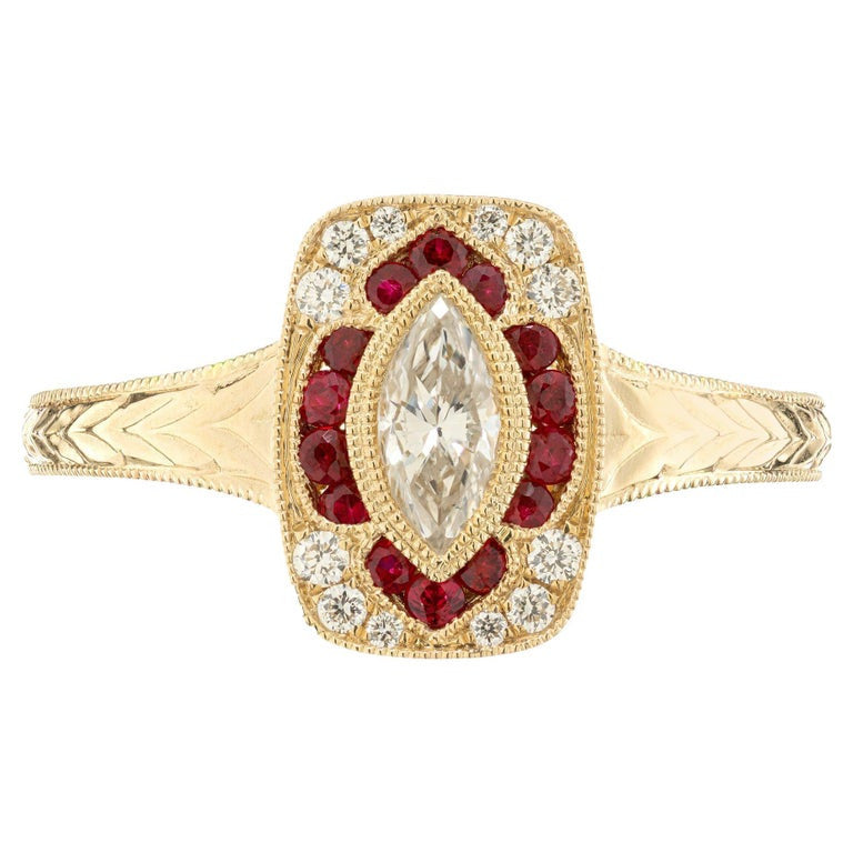 Peter Suchy .33 Carat Marquise Diamond Ruby Yellow Gold Engagement Ring