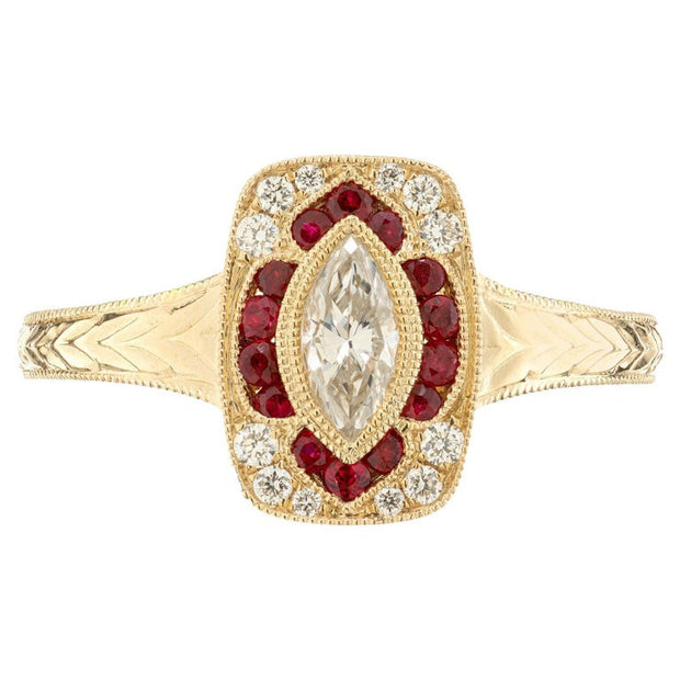 Peter Suchy .33 Carat Marquise Diamond Ruby Yellow Gold Engagement Ring
