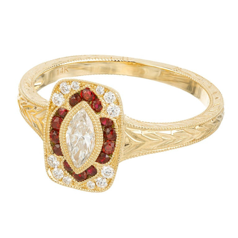 Peter Suchy .33 Carat Marquise Diamond Ruby Yellow Gold Engagement Ring – image 2