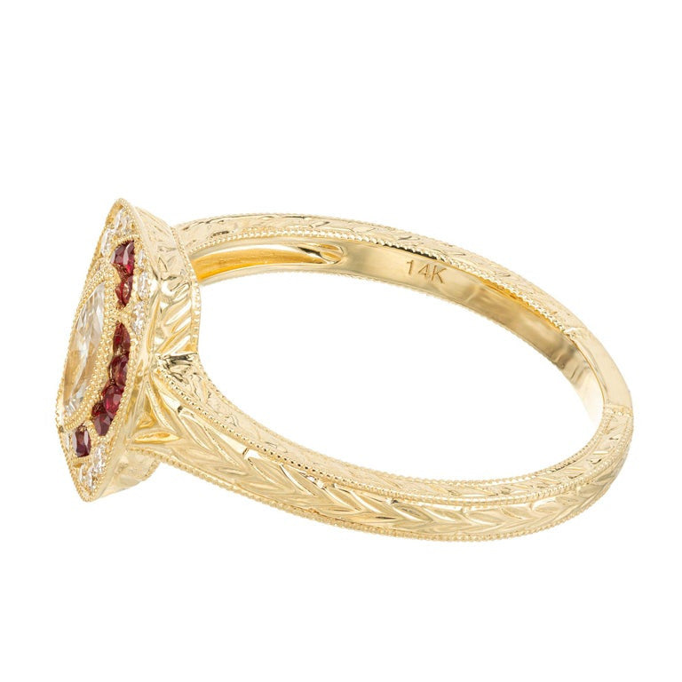 Peter Suchy .33 Carat Marquise Diamond Ruby Yellow Gold Engagement Ring – image 3