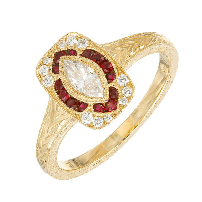 Peter Suchy .33 Carat Marquise Diamond Ruby Yellow Gold Engagement Ring – image 4