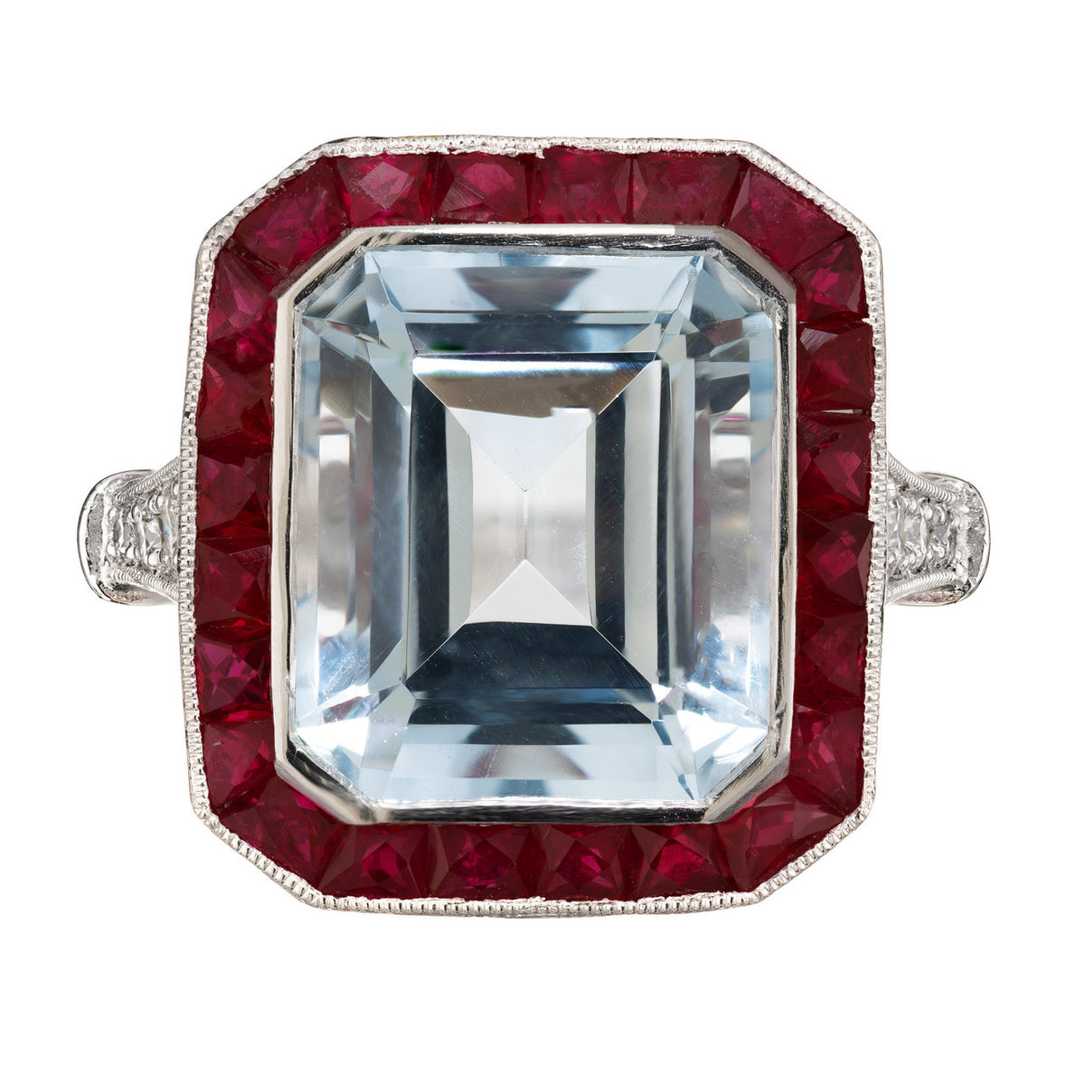 10.35 Carat Rectangle Aquamarine Ruby Diamond Platinum Engagement Ring