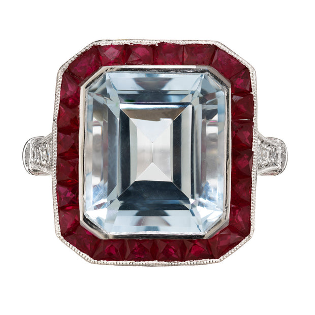 10.35 Carat Rectangle Aquamarine Ruby Diamond Platinum Engagement Ring