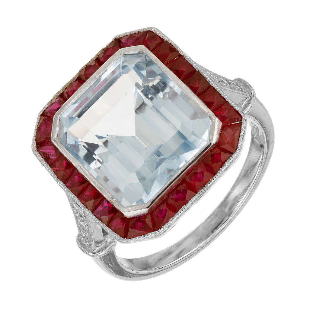 10.35 Carat Rectangle Aquamarine Ruby Diamond Platinum Engagement Ring – image 2