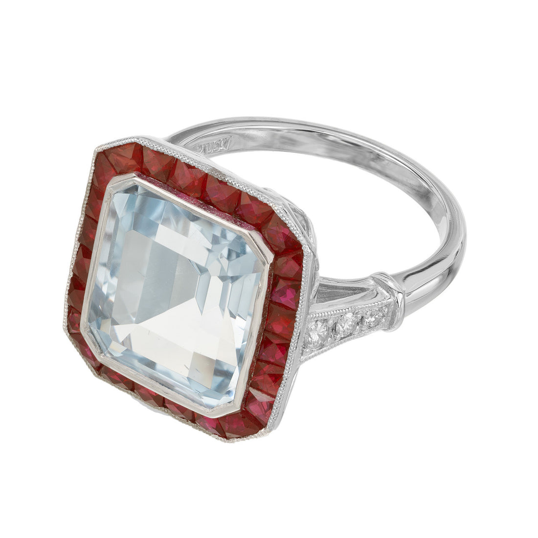 10.35 Carat Rectangle Aquamarine Ruby Diamond Platinum Engagement Ring – image 3