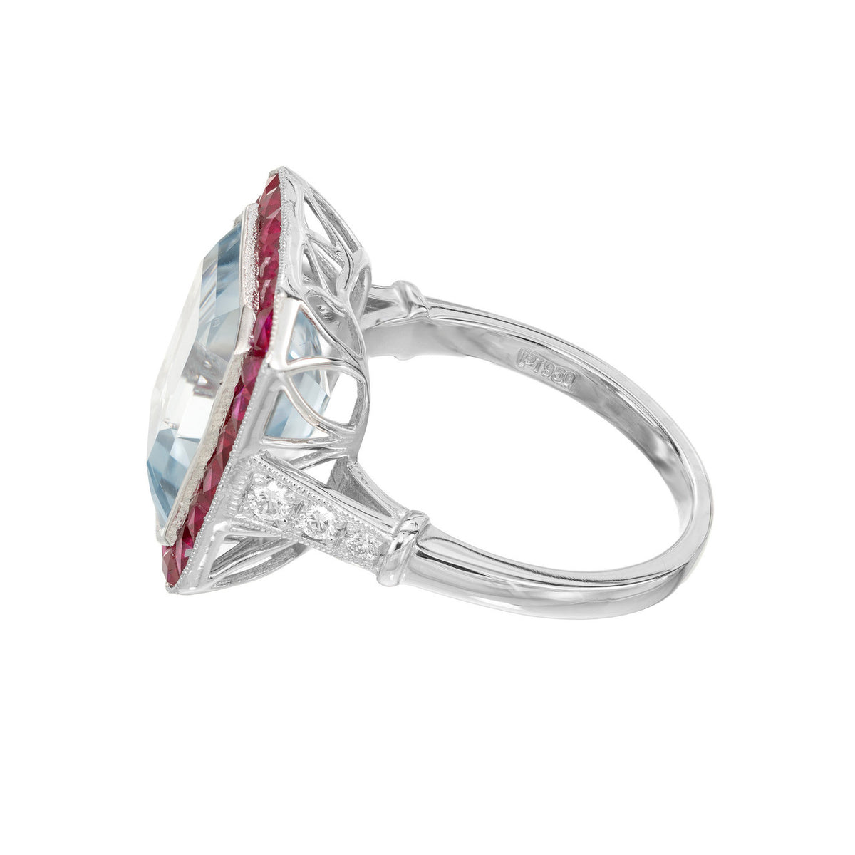 10.35 Carat Rectangle Aquamarine Ruby Diamond Platinum Engagement Ring – image 4