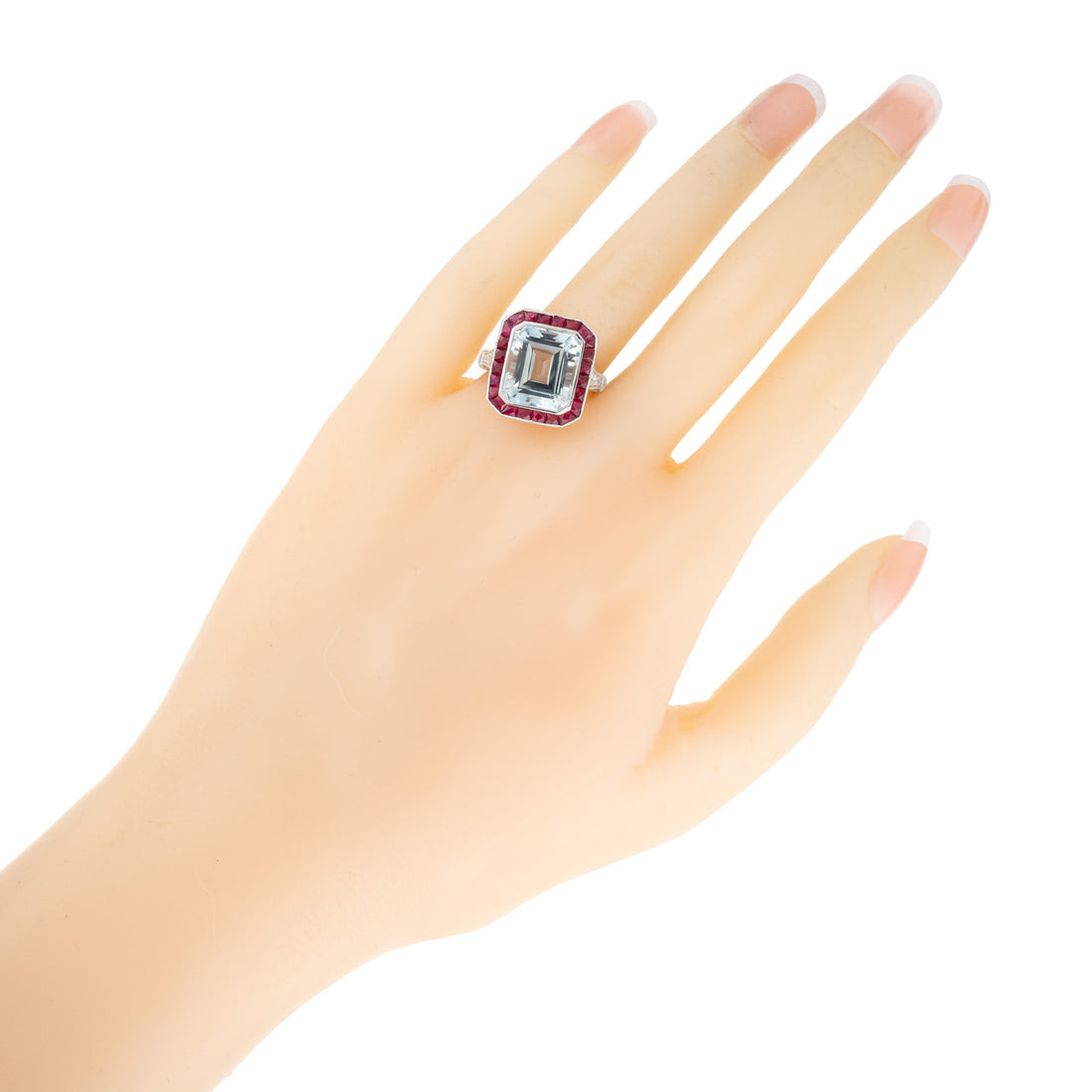 10.35 Carat Rectangle Aquamarine Ruby Diamond Platinum Engagement Ring – image 7