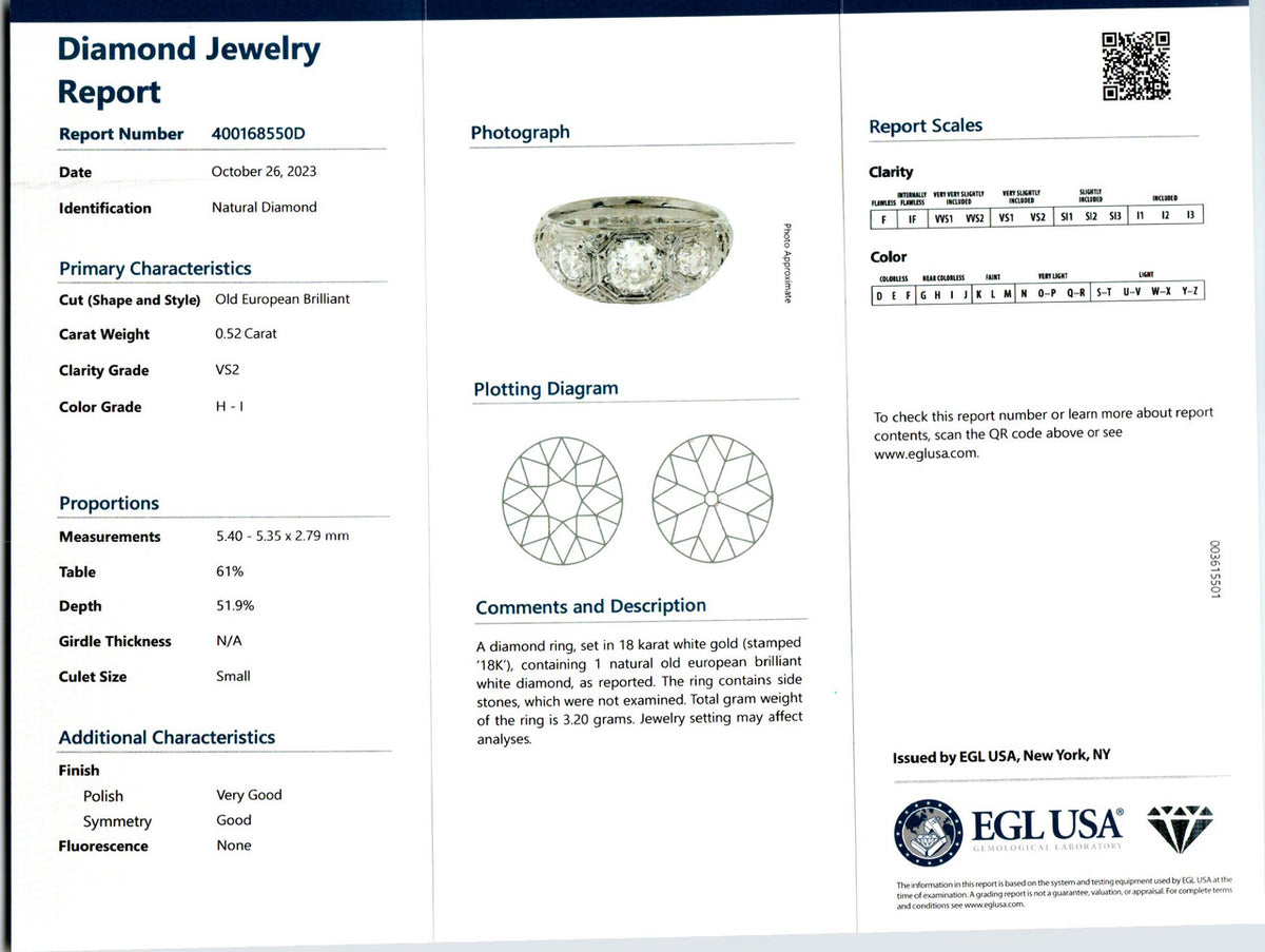 EGL Certified .52 Carat Diamond White Gold Three-Stone Engagement Ring – image 3
