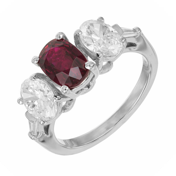 Peter Suchy GIA Certified 2.02 Carat Oval Ruby Diamond Three-Stone Platinum Ring