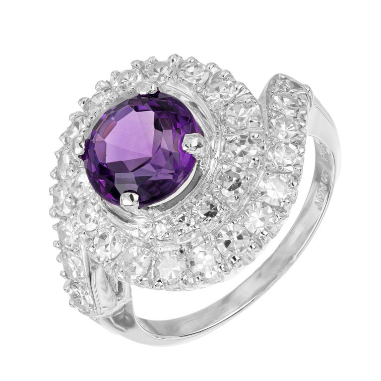 1.85 Carat Round Amethyst Diamond Platinum Swirl Cocktail Ring – image 3