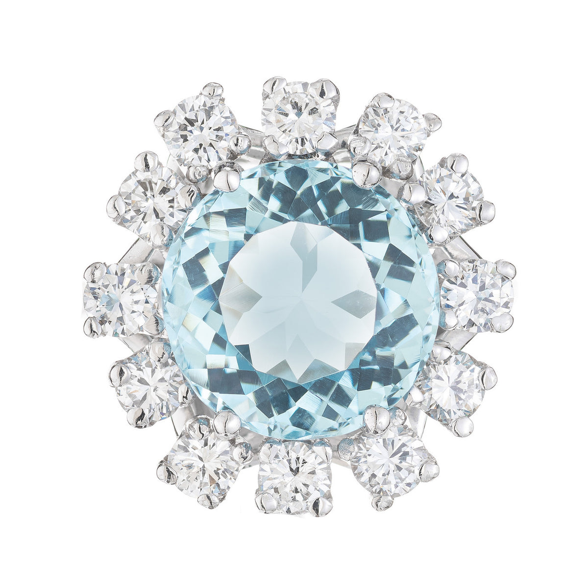 6.06 Carat Round Aquamarine Diamond Halo White Gold Cocktail Ring