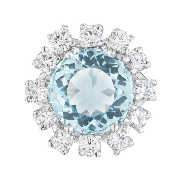 6.06 Carat Round Aquamarine Diamond Halo White Gold Cocktail Ring