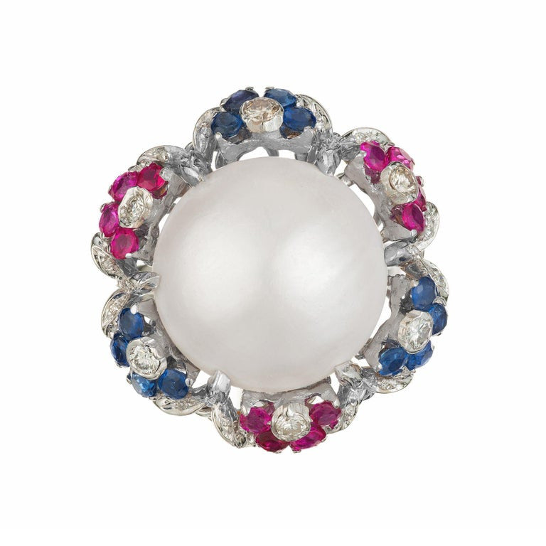 Mobe Pearl Diamond Sapphire Ruby Halo White Gold Mid-Century Cocktail Ring