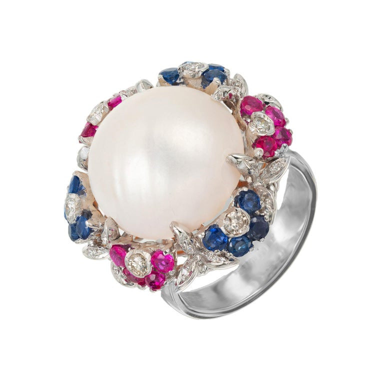 Mobe Pearl Diamond Sapphire Ruby Halo White Gold Mid-Century Cocktail Ring – image 2