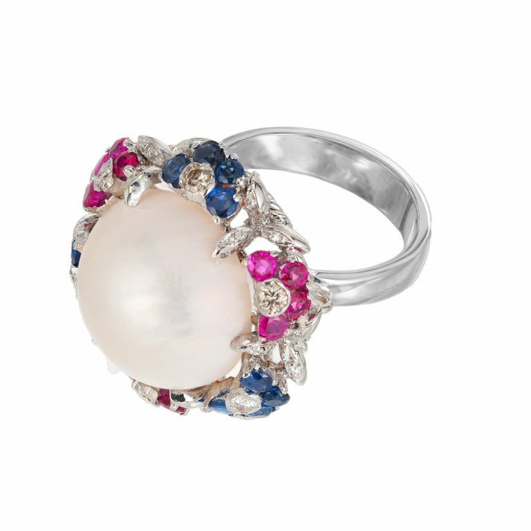 Mobe Pearl Diamond Sapphire Ruby Halo White Gold Mid-Century Cocktail Ring – image 3