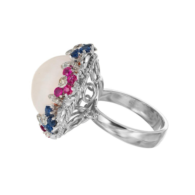 Mobe Pearl Diamond Sapphire Ruby Halo White Gold Mid-Century Cocktail Ring – image 4