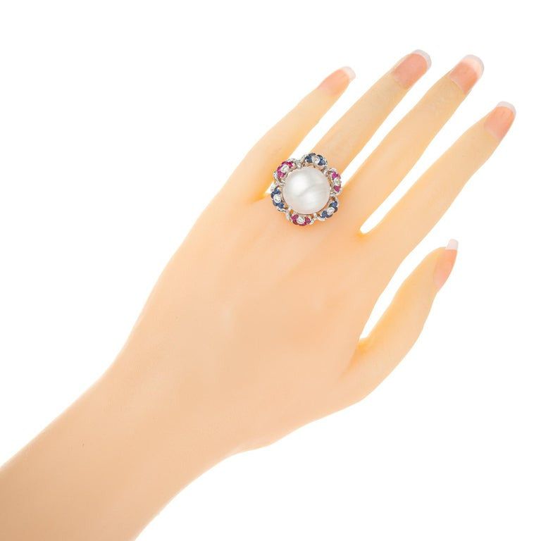 Mobe Pearl Diamond Sapphire Ruby Halo White Gold Mid-Century Cocktail Ring – image 7